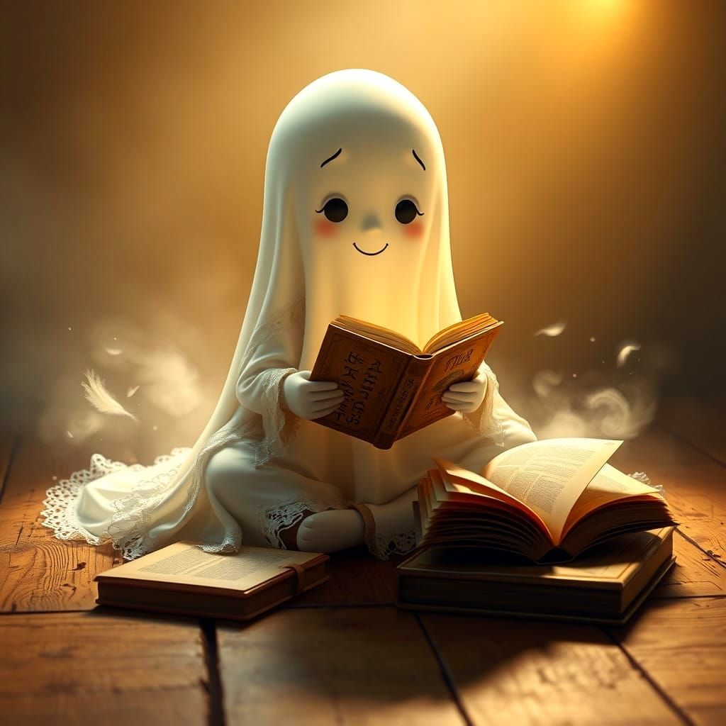 Friendly Ghost Reads by Candlelight in Whimsical Fantasy Sce...