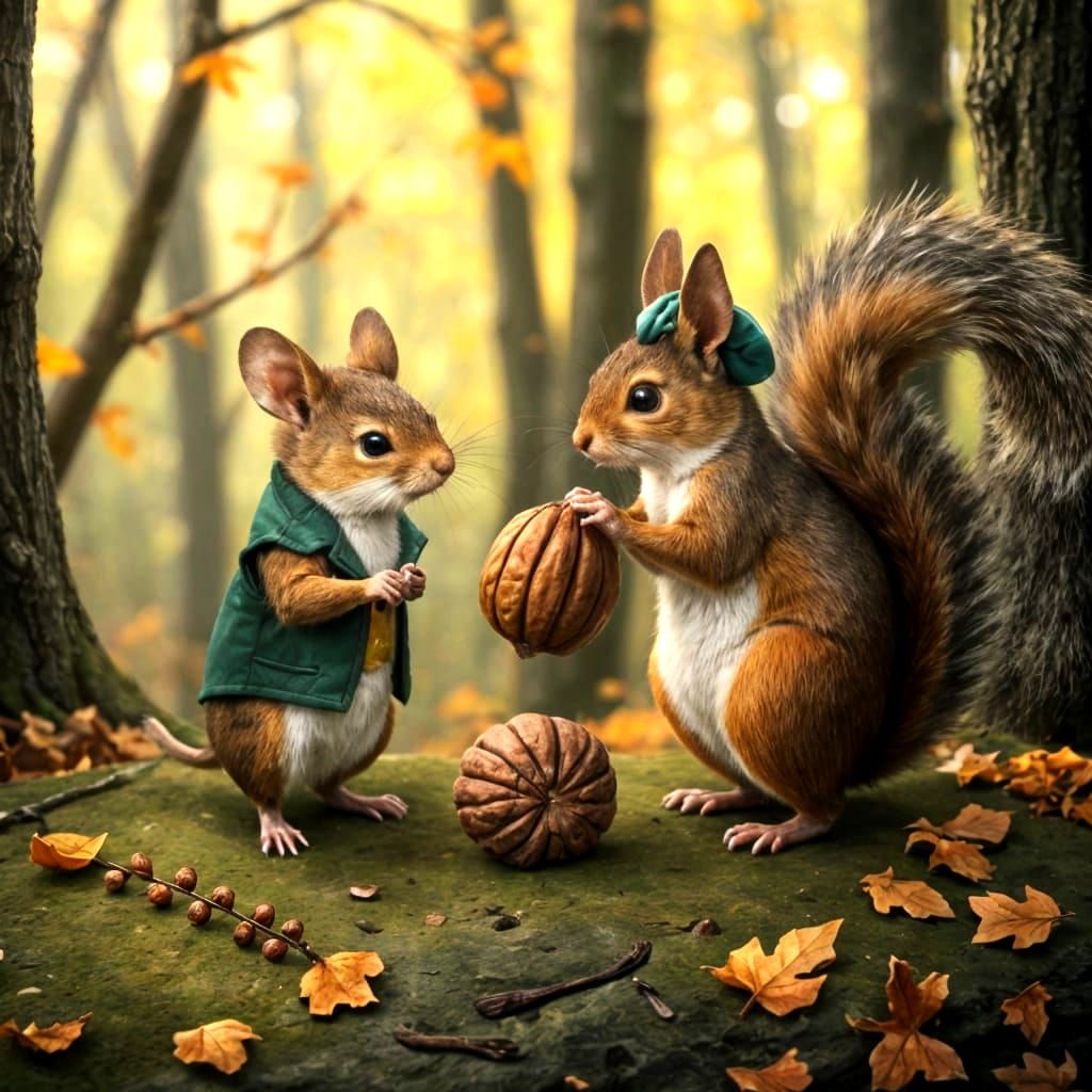 Mice and Squirrels Dispute a Walnut in Whimsical Forest