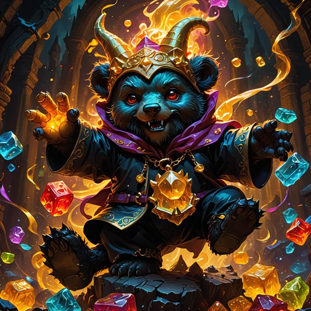 Dark fantasy concept art, medium shot, cute Gummy bear wizar...