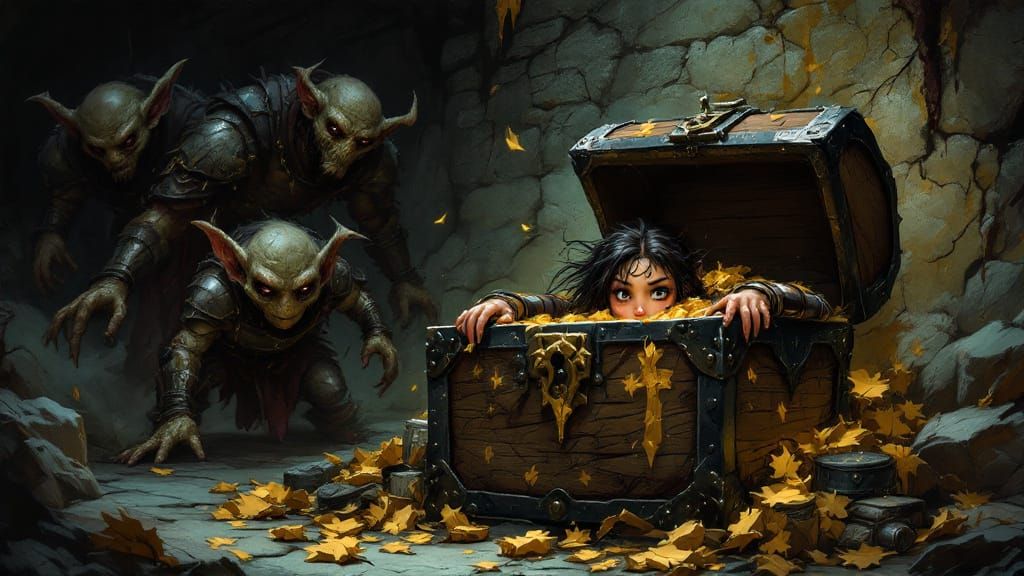 Halfling Hiding from Goblins in Treasure Chest