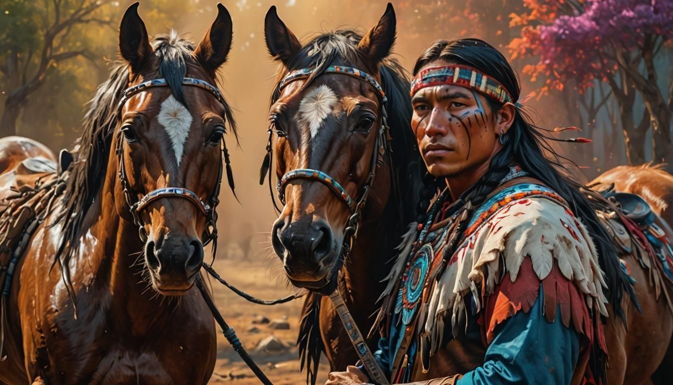 Native American Warrior and Horse in Splash Art Style