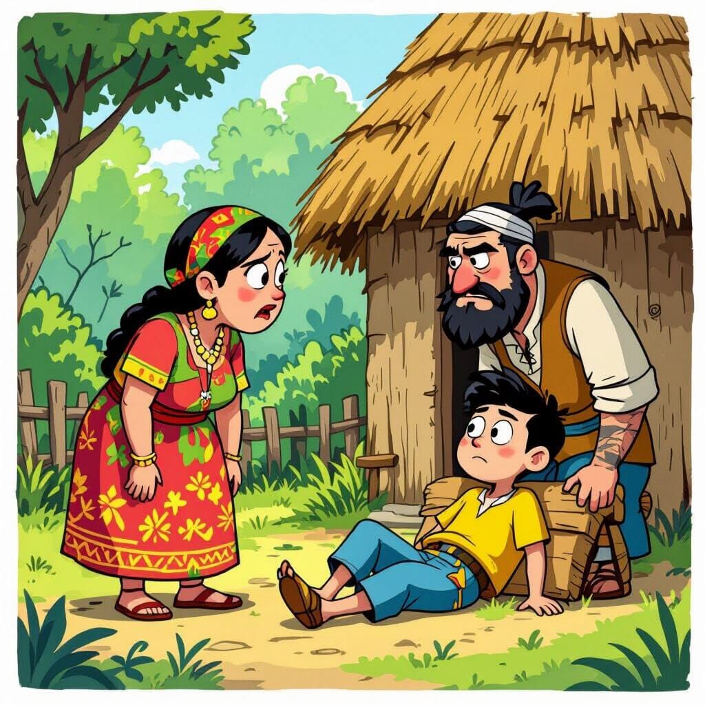 Cartoon Parents Scolding Lazy Son by Hut