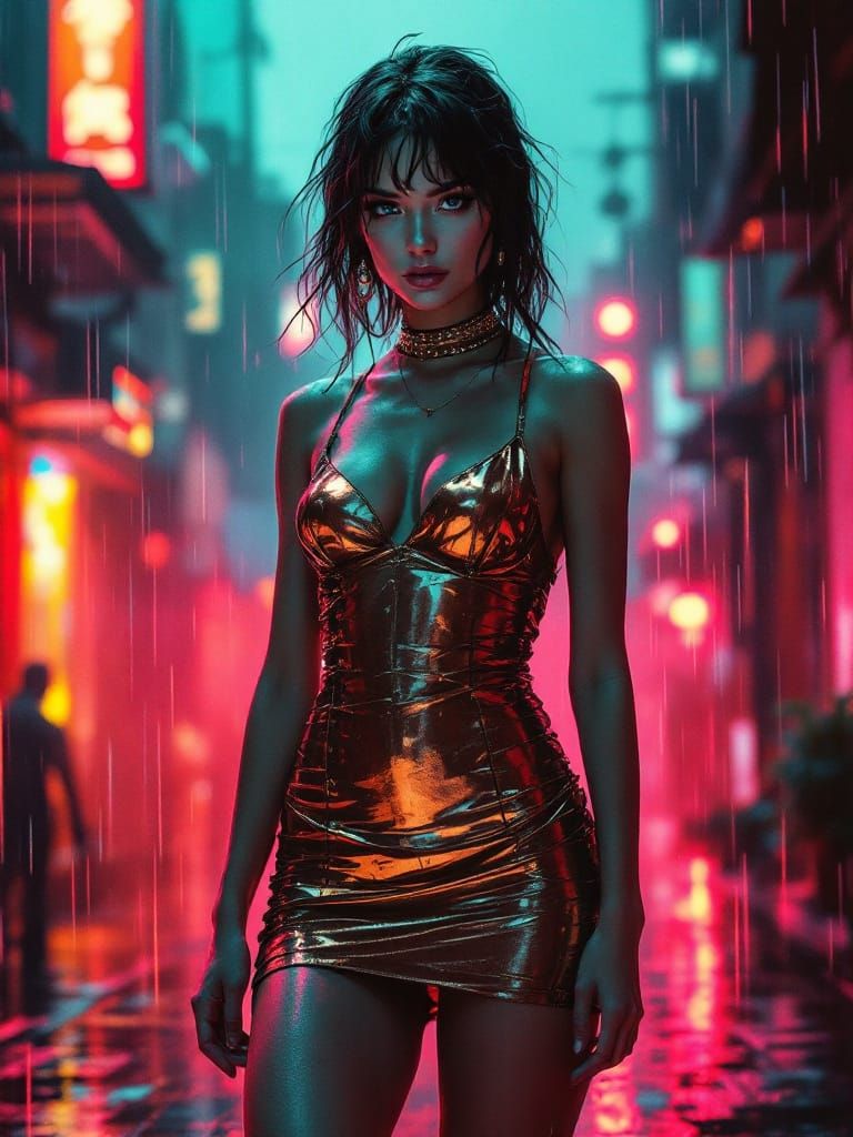 Cyberpunk Pin-Up Woman in Neon Glow