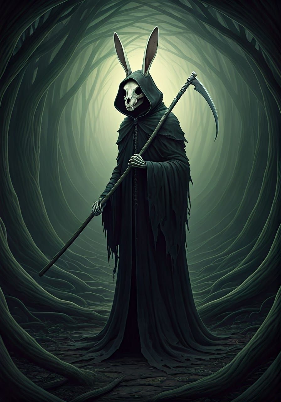 Grim Rabbit in Mystical Forest, Gothic Style