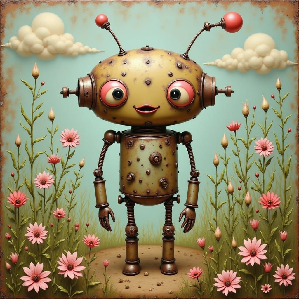 Whimsical Surreal Robot in Earthy Tones, Oil on Canvas