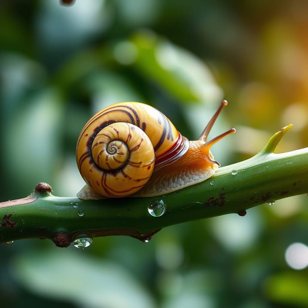 Cuban Painted Snail Crawling on Green Branch