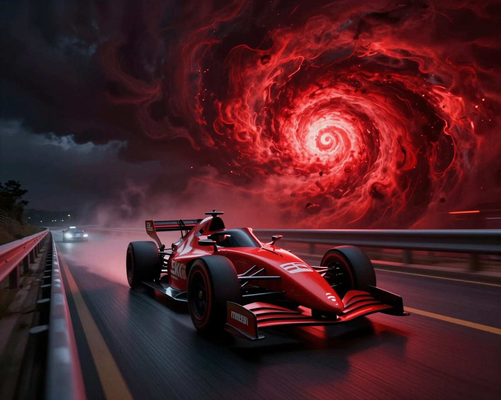 Racing Car Escapes Crimson Storm Vortex