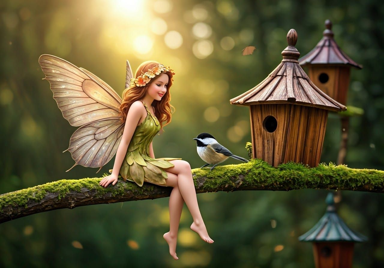 Flower Fairy and Chickadee in Forest Birdhouse Scene