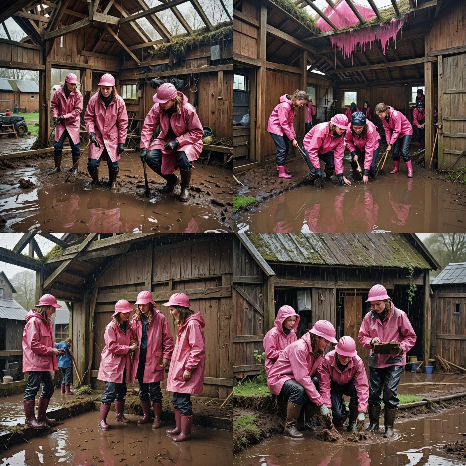 Girls Repair Leaky Barn Roof in Downpour: Matte Painting