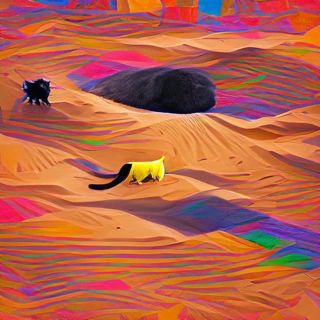 Black Cat in a Colorful Desert Landscape