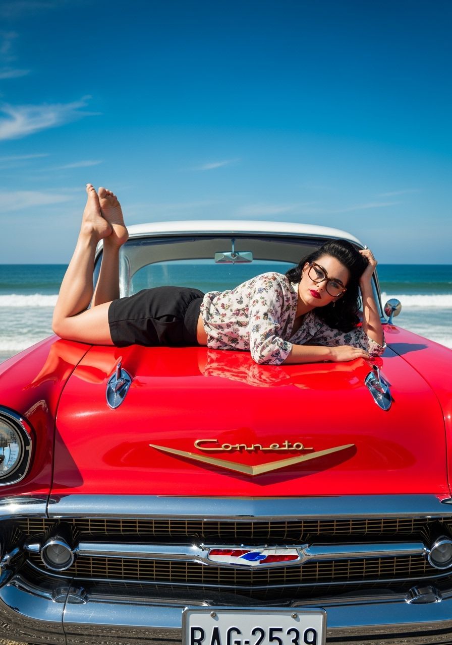 Retro Woman on 1957 Chevy Bel Air, Photorealistic Style