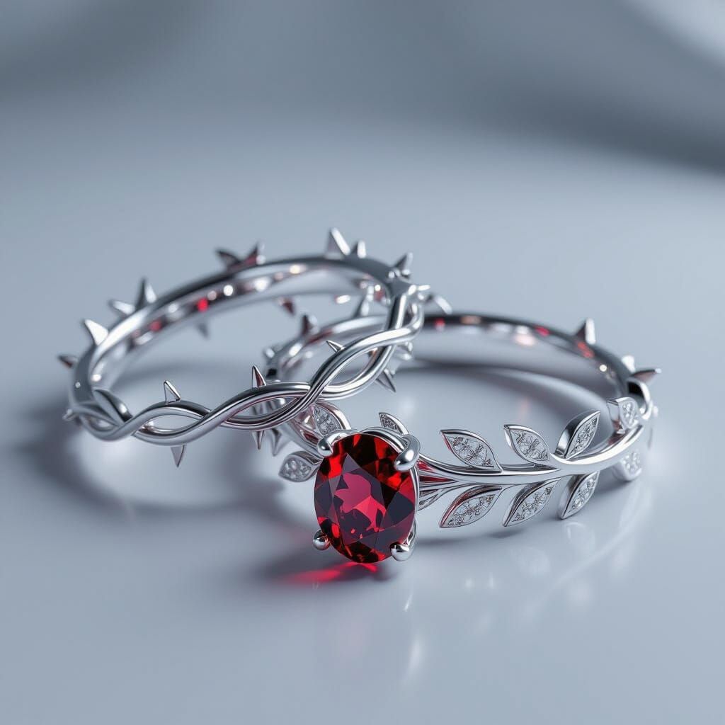 Interlocking Silver Rings: Thorns and Olive Wreath with Garn...