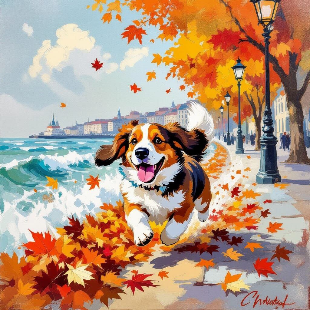 Fluffy Basset Hound in Autumn Leaves by Crashing Waves