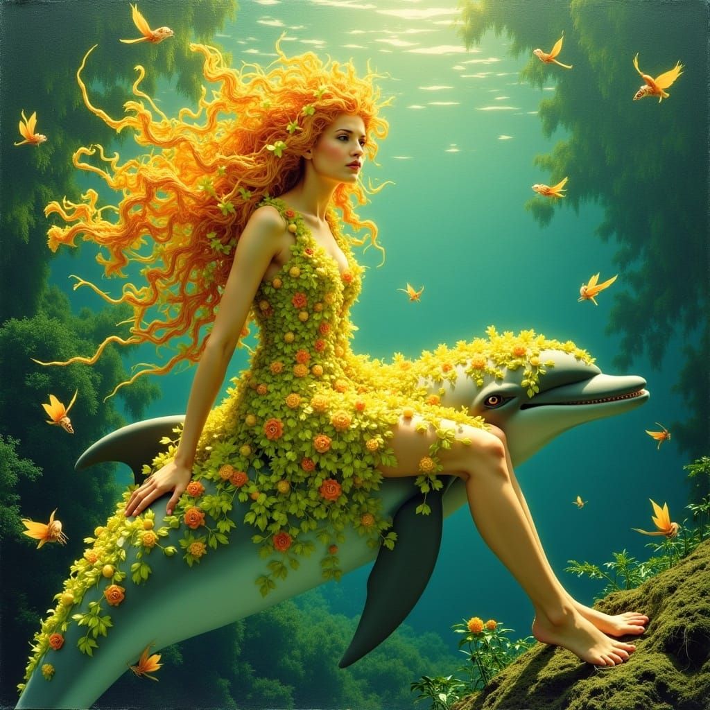 Ethereal Woman on Dolphin in Surrealist Style