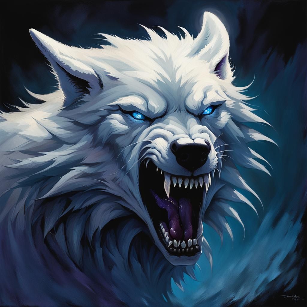 White Wolf Snarling in Dark Fantasy Style