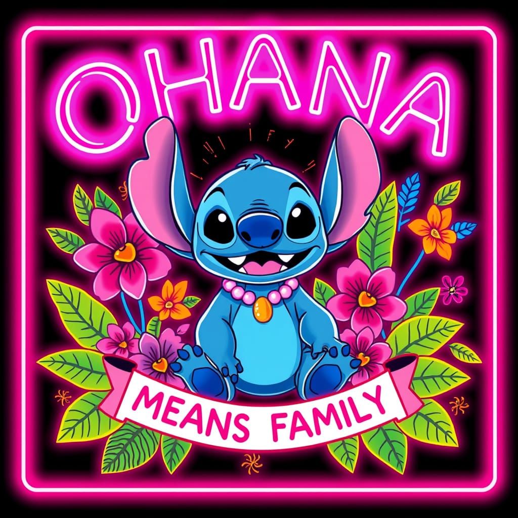 Stitch Surrounded by Flowers in Neon Graphic Art