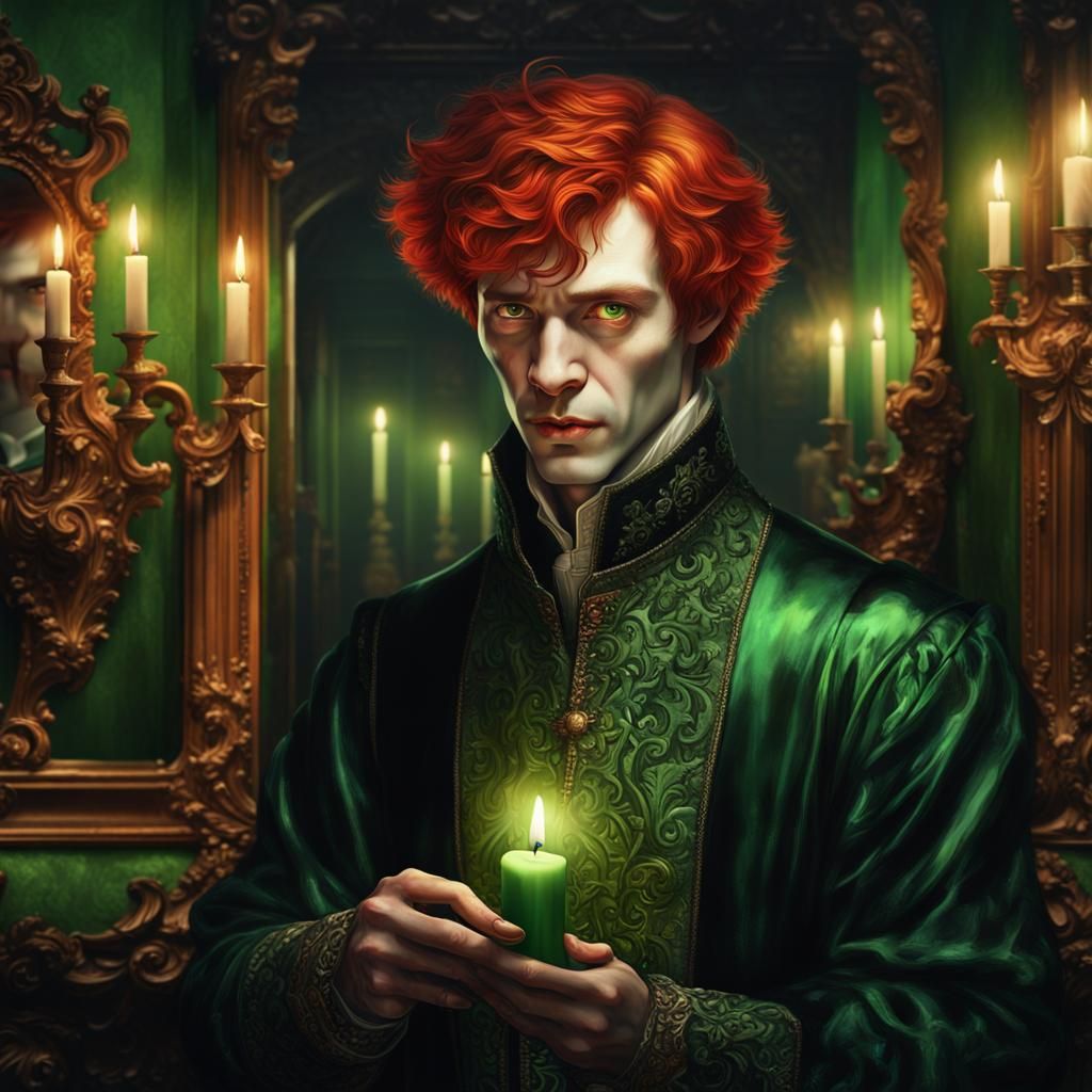 Mysterious Pale Man with Candle in Baroque Bedroom