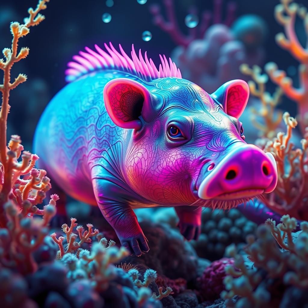 Neon Sea Pig in Fantastical Underwater Scene