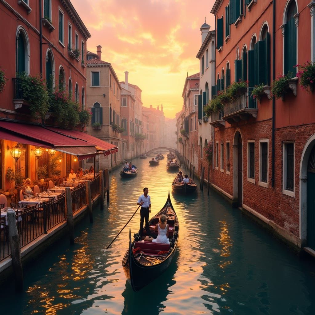 Venice Canal Sunset with Gondolas and Romantic Ambiance