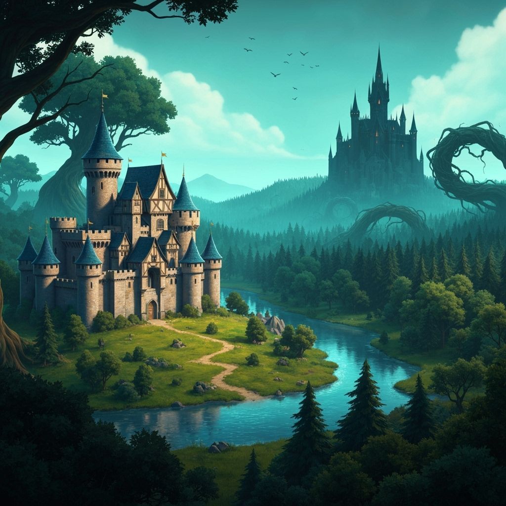Medieval Fantasy Castle with Dark Forest in Cartoon Style