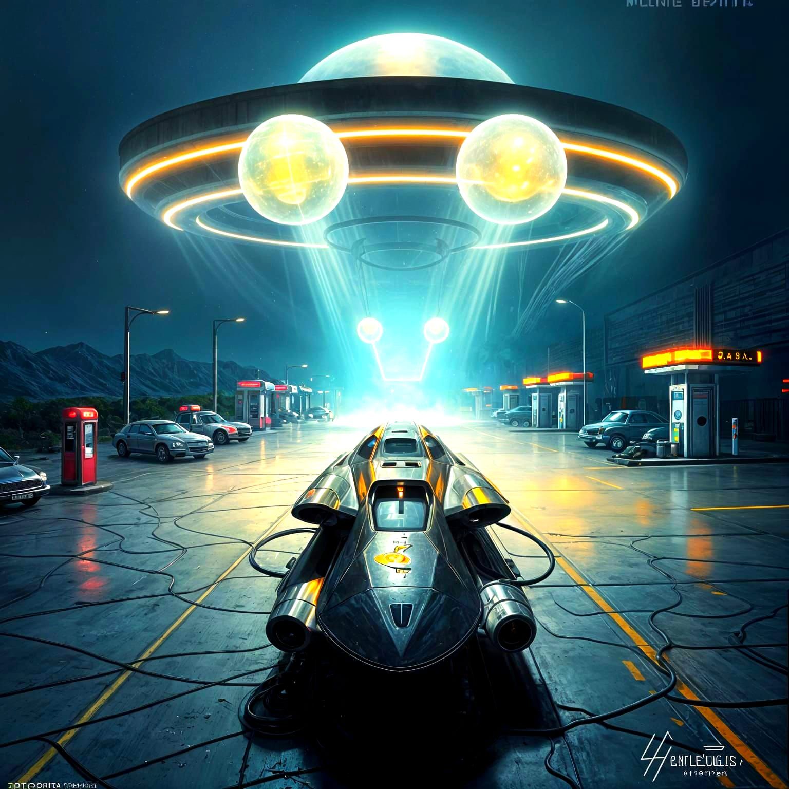 Eerie Alien Gas Station in Oil Painting Style