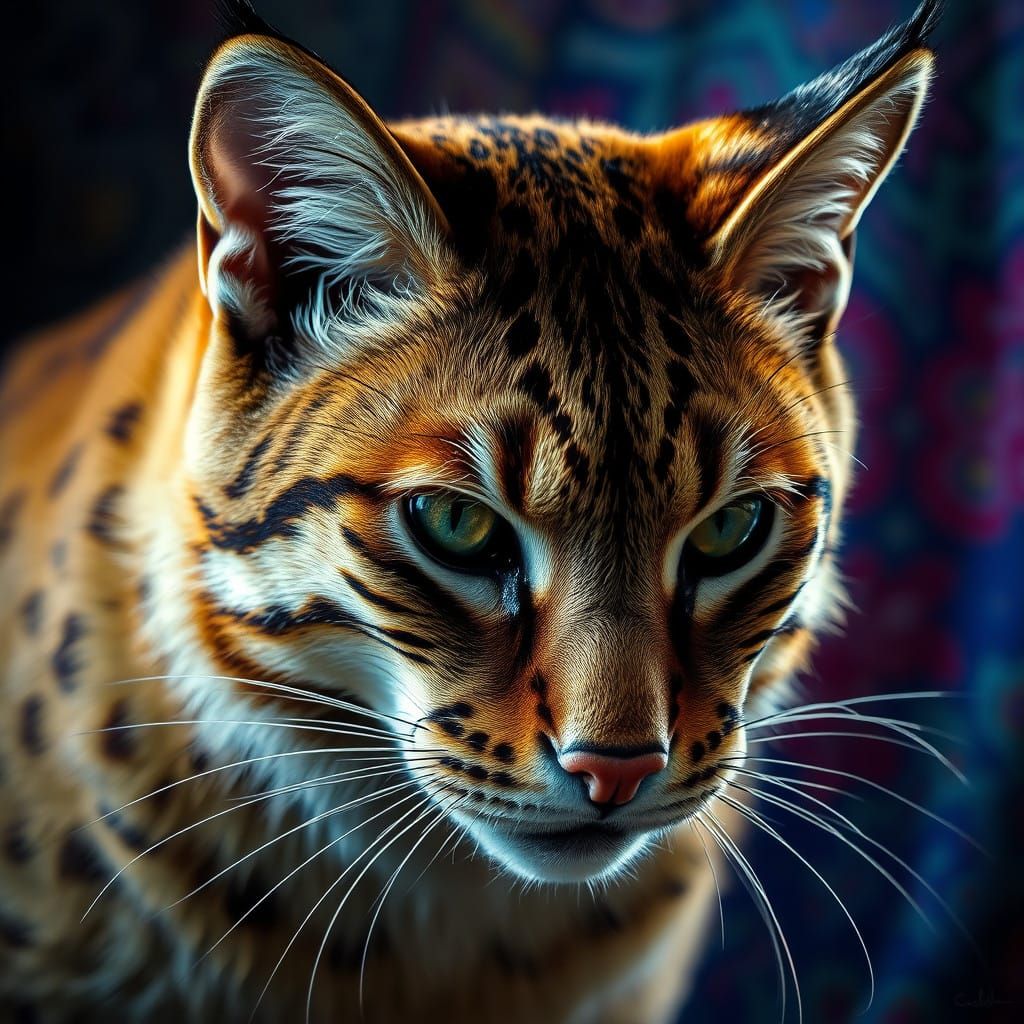 Hyperrealistic Wild Cat in Vibrant Tapestry Background