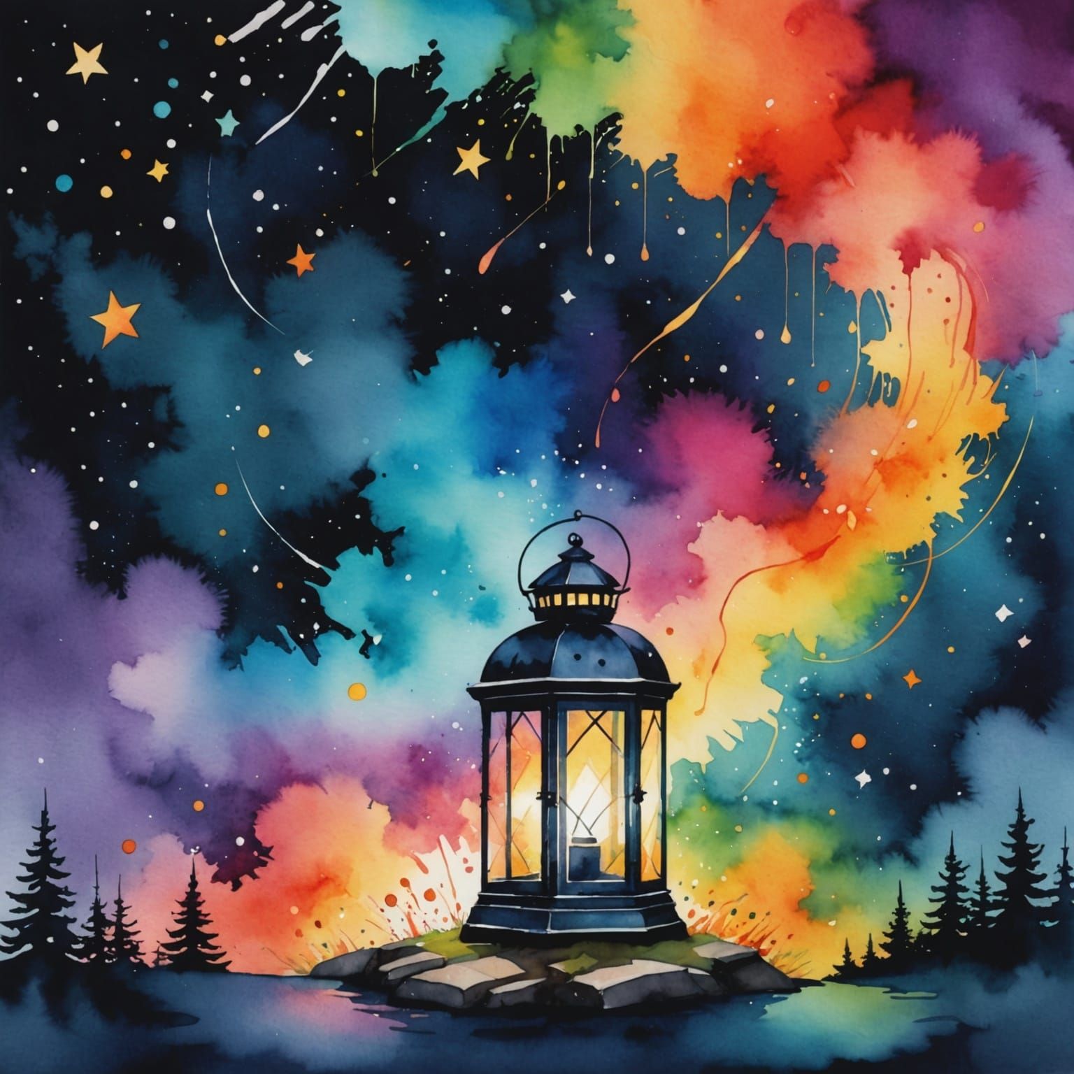 Vibrant Watercolor Lantern in Night Sky