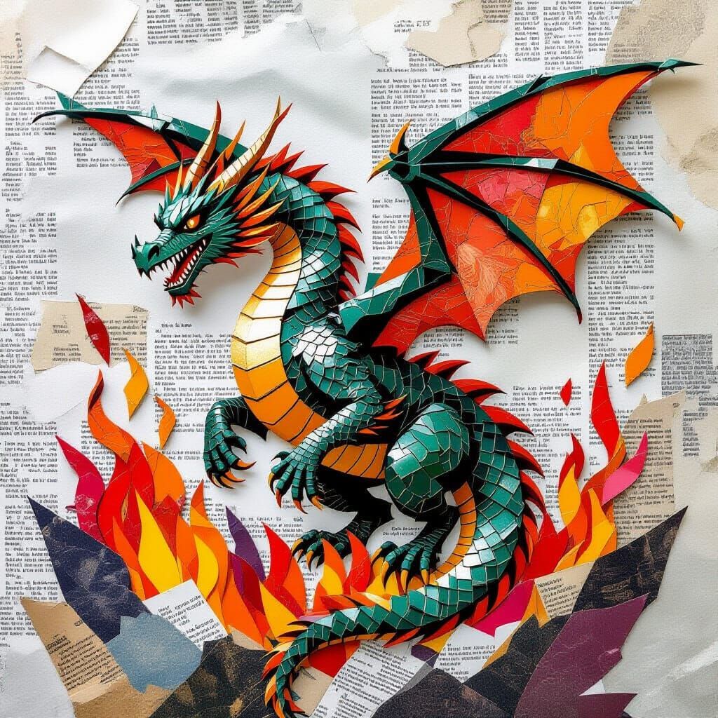 Powerful Paper Dragon Emerges from Collage