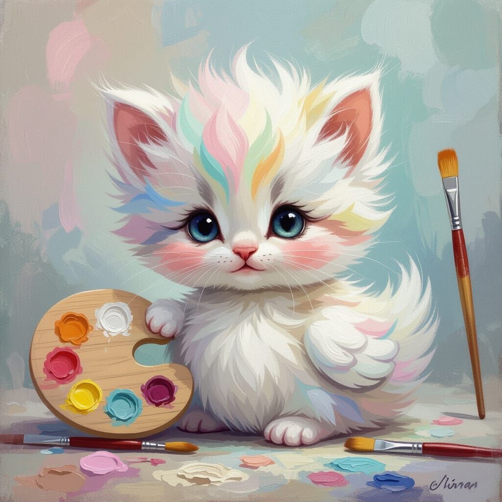 Chibi Swan Kitten in Pastel Painter's Palette