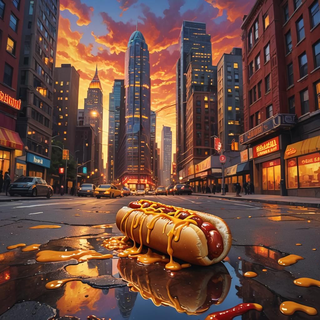 Surreal Hot Dog in Dreamlike City at Dusk