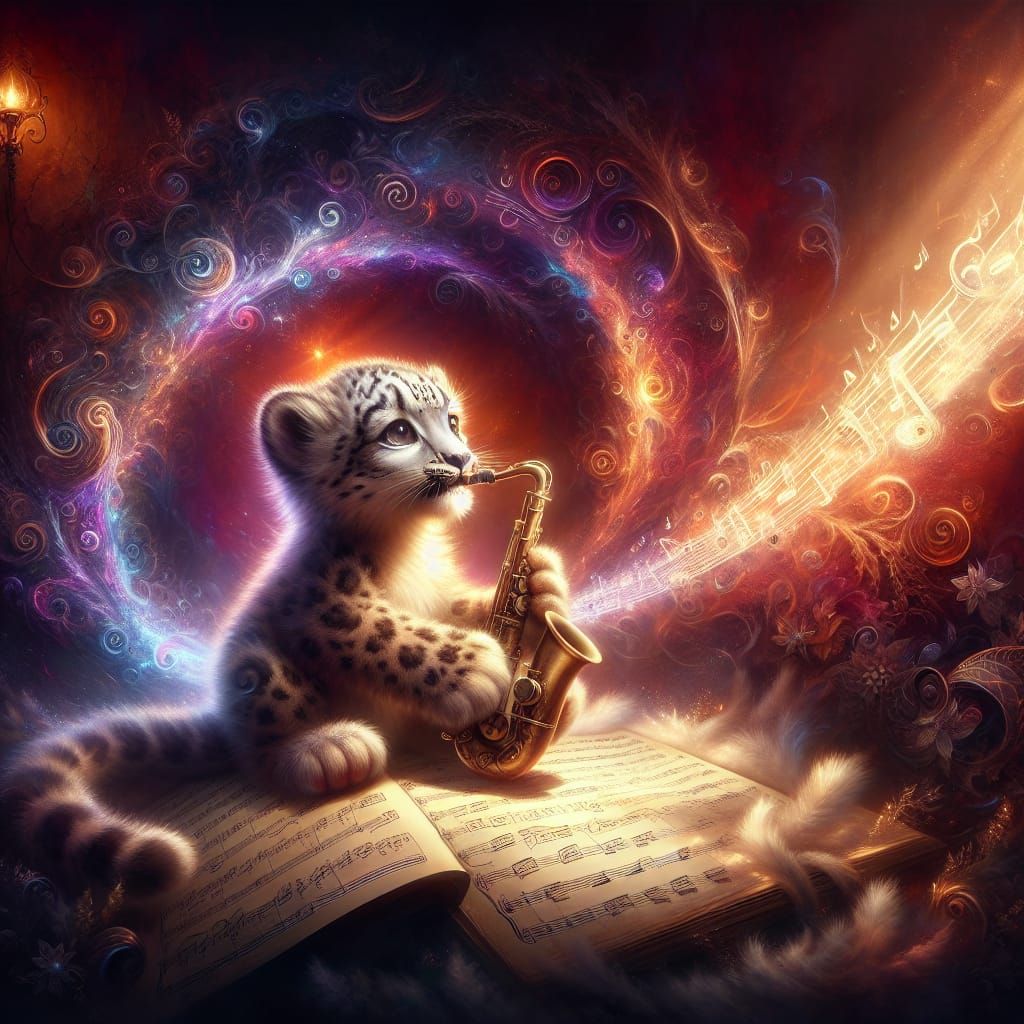 Baby Snow Leopard Plays Saxophone: Fantasy Concept Art