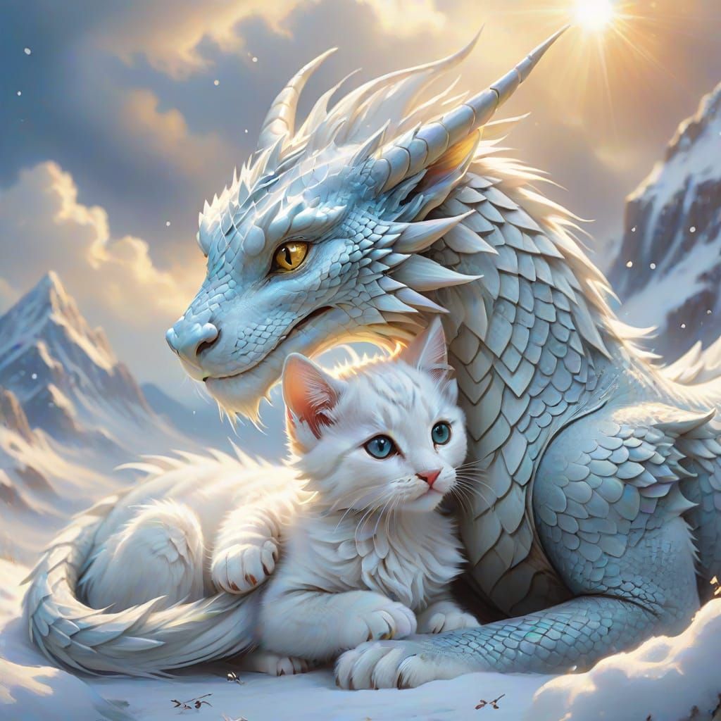 Serene Fantasy Scene: Silver Dragon and Fuzzy Kitten in Snow...