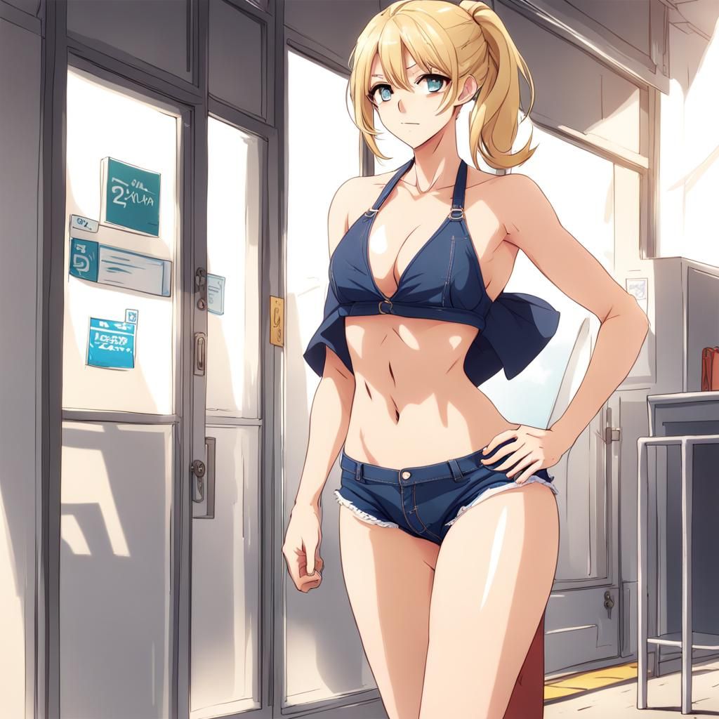 Anime Style Blonde Woman in Summer Outfit