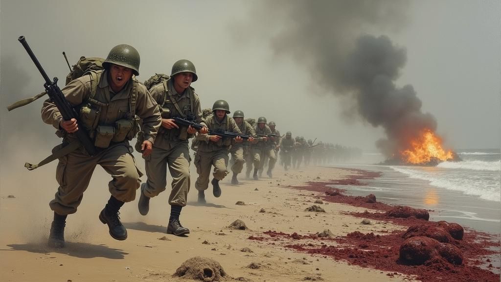 D-Day: Storming the Beach in a Dark Oil Painting