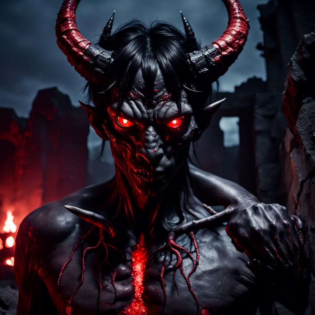 Mysterious Lovecraftian Demon in Ruins at Night