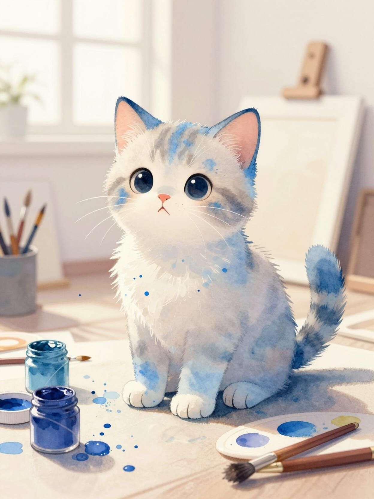 Cute Kitten Splashed with Blue Paint in Watercolor Studio