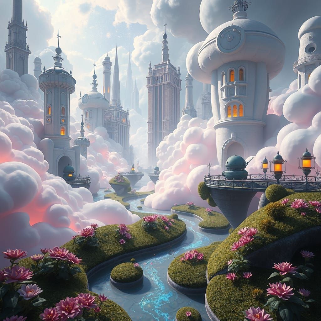 Surreal Cloud City with Starlight Rivers and Robot Gardeners