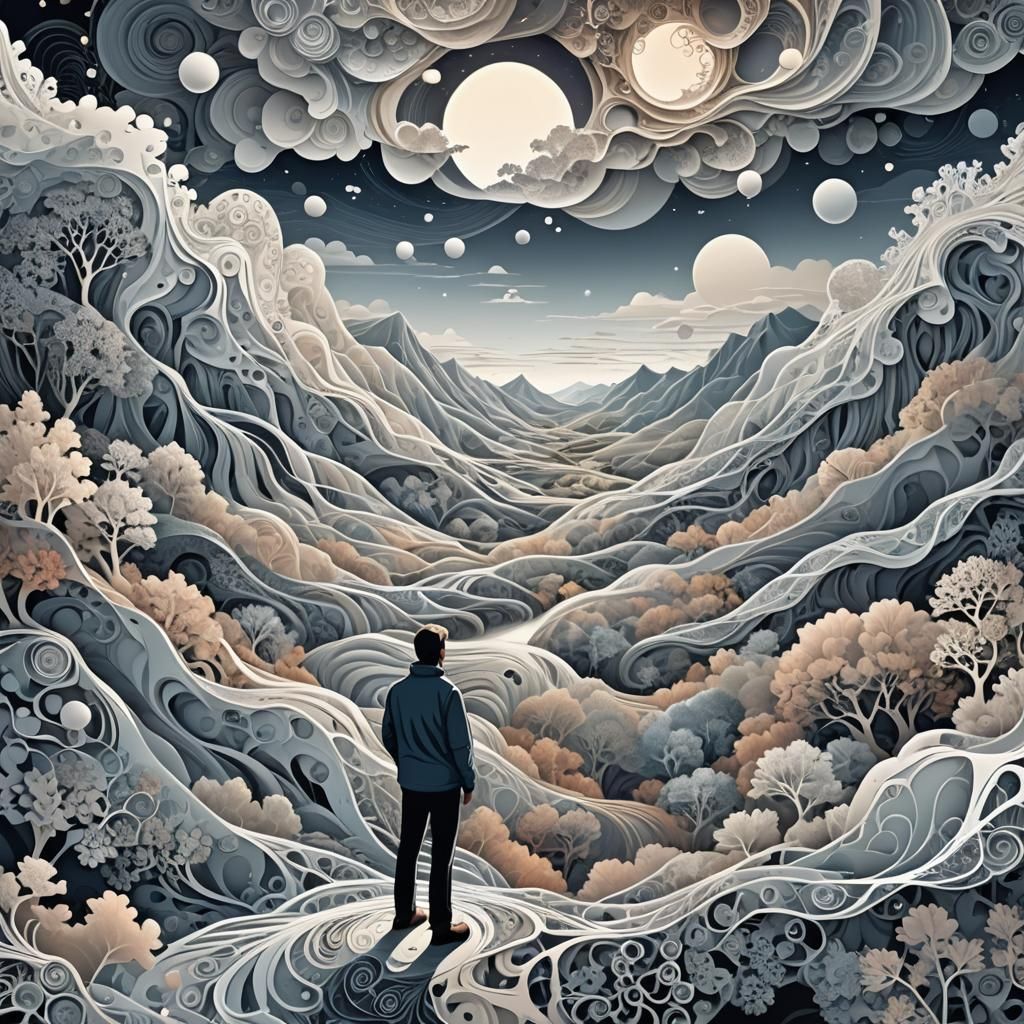 Person Constructing Landscape With Abstract Fractal Elements