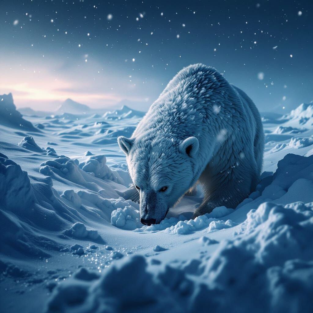 Polar Bear Digging in Snowy Antarctica at Twilight