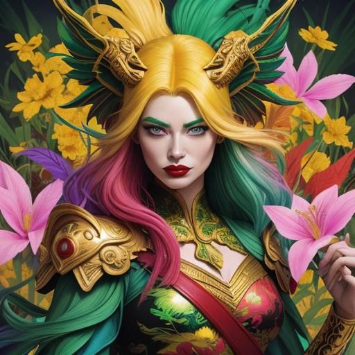 Dragon-Peacock Woman in Lush Garden: Comic Book Art
