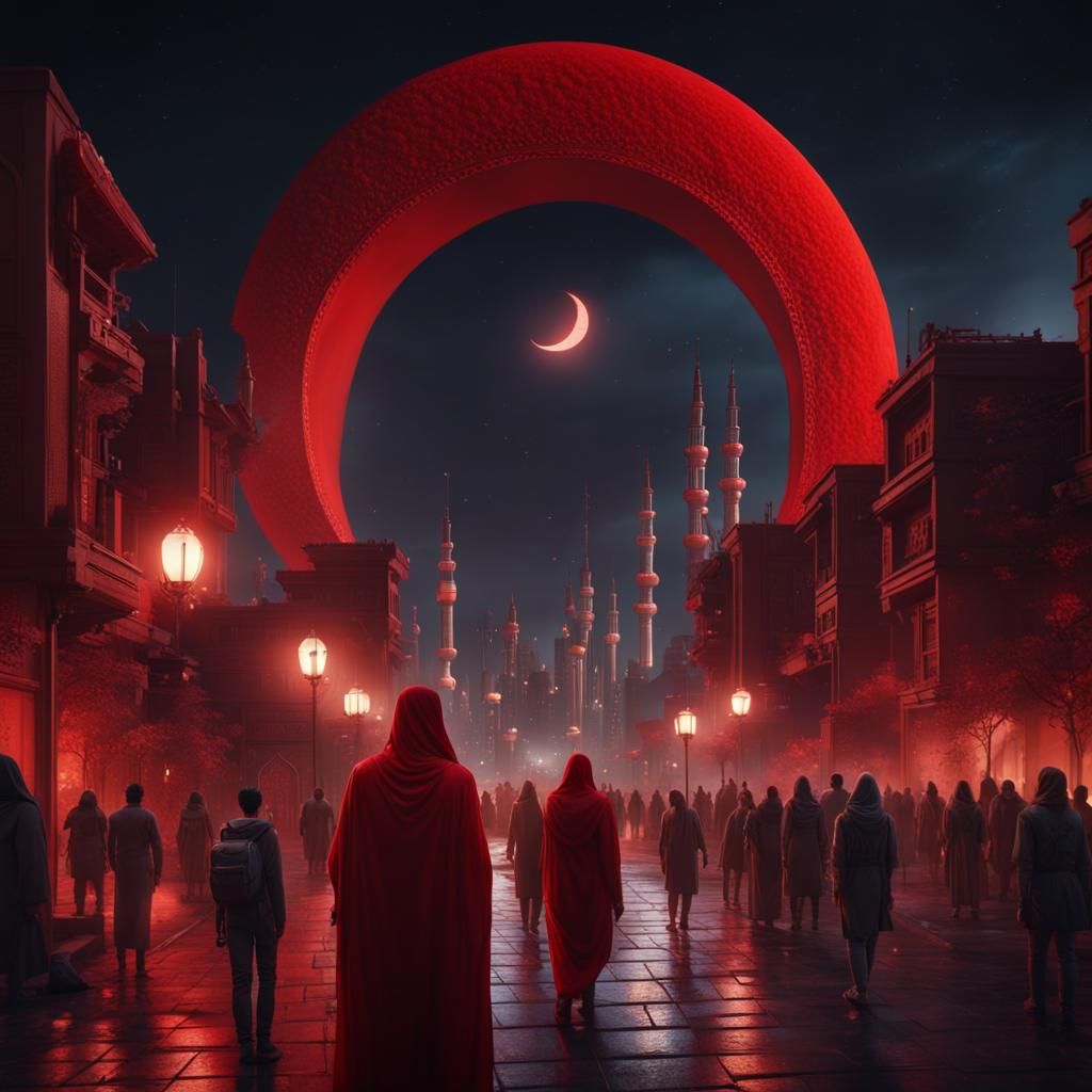 Red Lunar Crescent Over Modern Arabic City