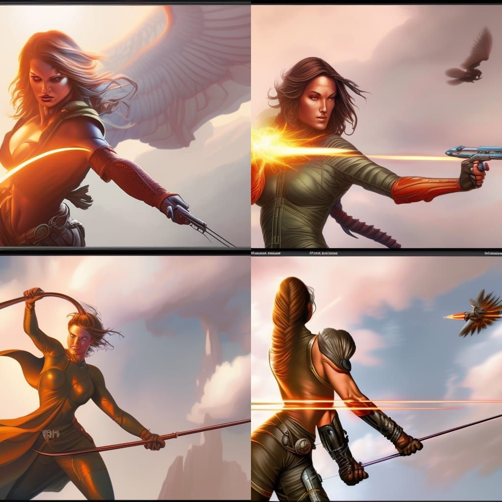 Female Archer Soaring Through Sky, Detailed Matte Painting