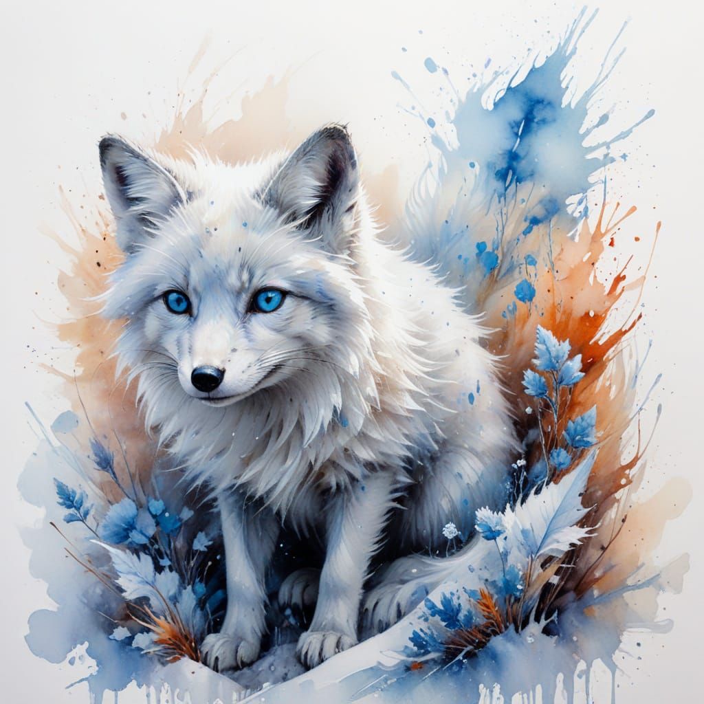 Adorable Arctic Fox in Snowy Hollow, Watercolour Style