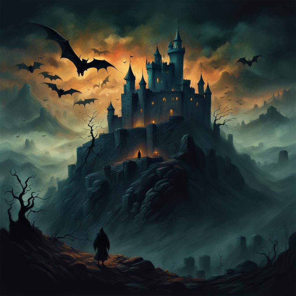 Ominous Castle on Mountain in Dark Fantasy Style