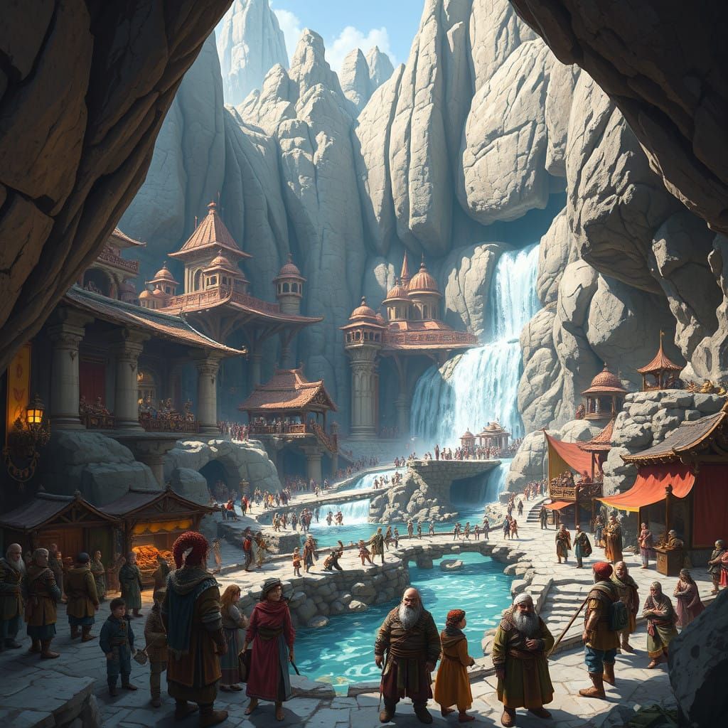 Vibrant Dwarven Metropolis in Majestic Mountain Cavern
