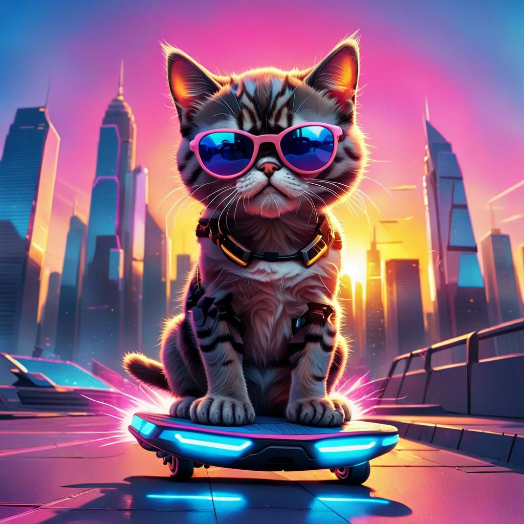 Grumpy Kitten on Hoverboard in Retro-Futuristic City