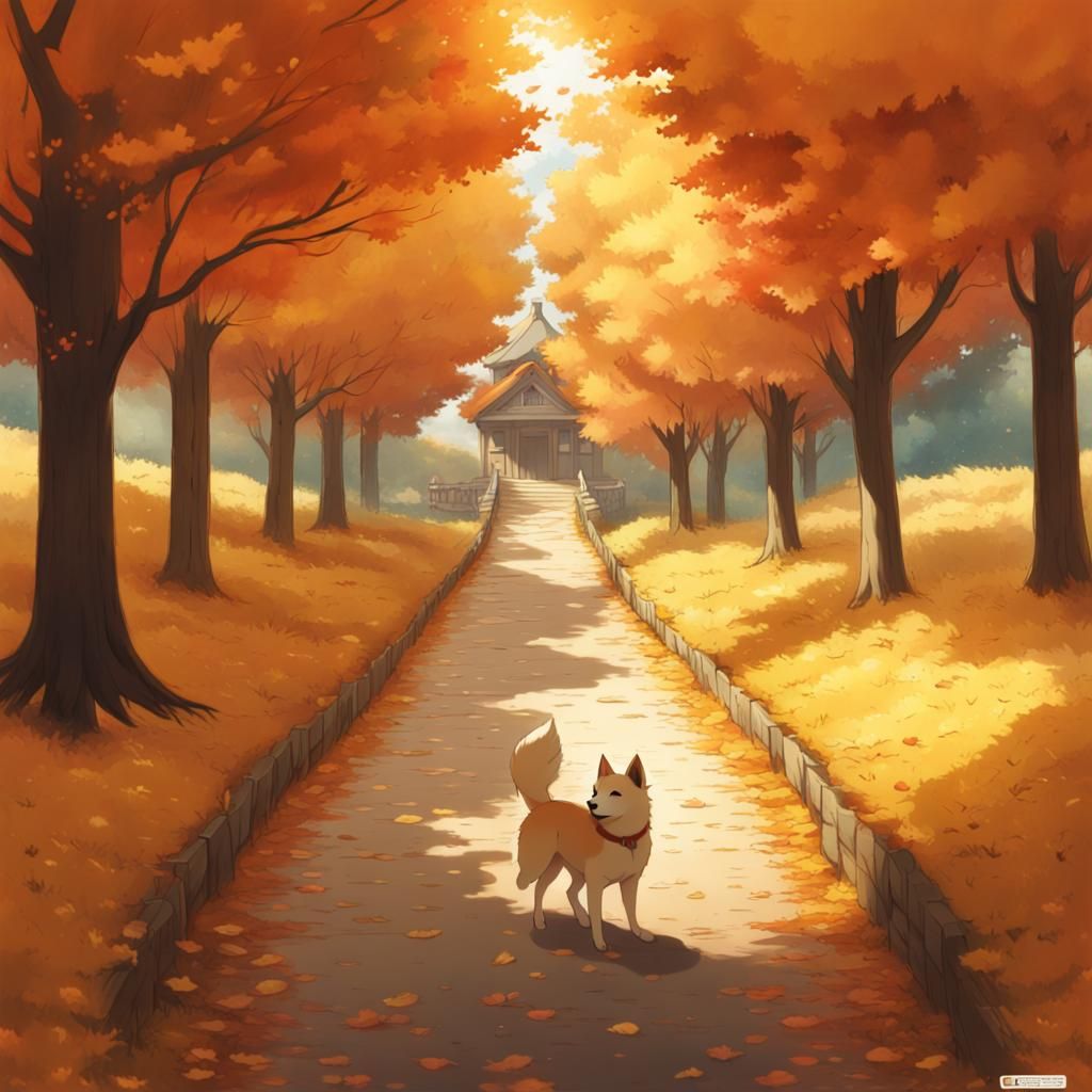 Doge in Fall Landscape, Anime Style