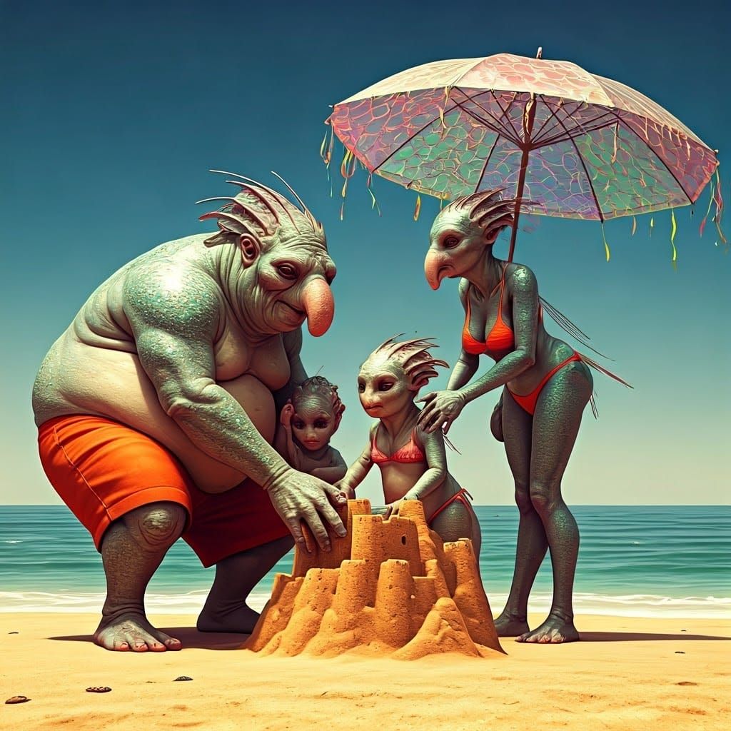 Humanoid Alien Family's Whimsical Intergalactic Beach Vacati...