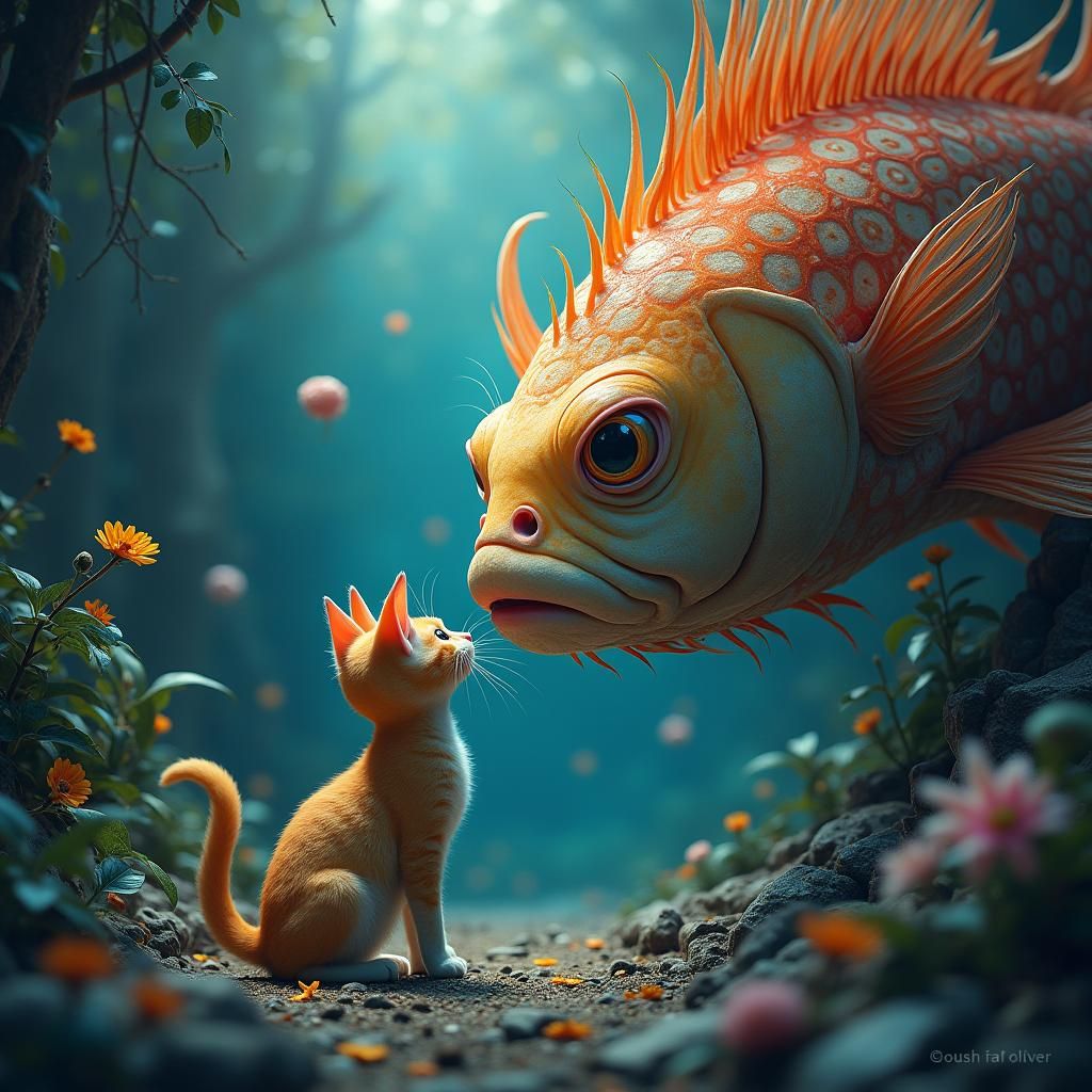 Cat and Fish in Dreamlike Mystical World