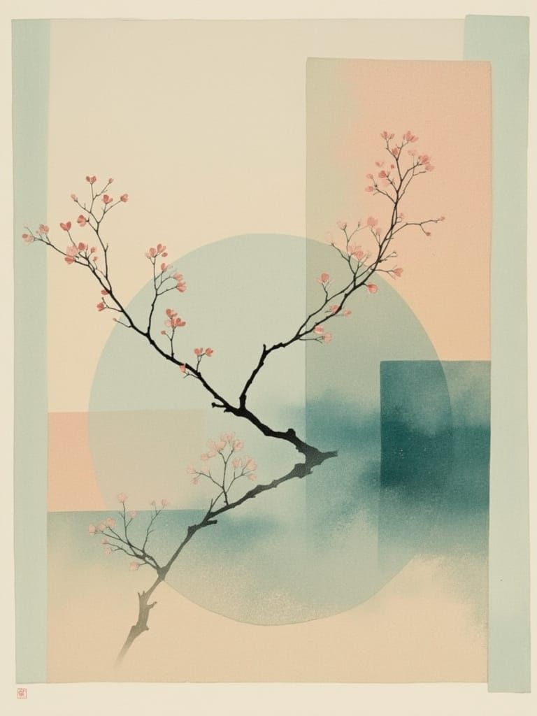 Minimalist Branch with Blossoms in Soft Colors